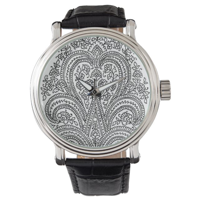 Black + White - Flower + Paisley Pattern - Watch (Front)