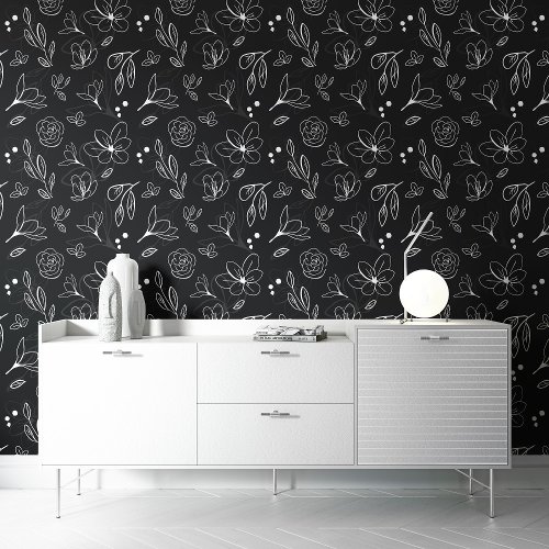 Black white flower pattern botanical dark floral wallpaper 