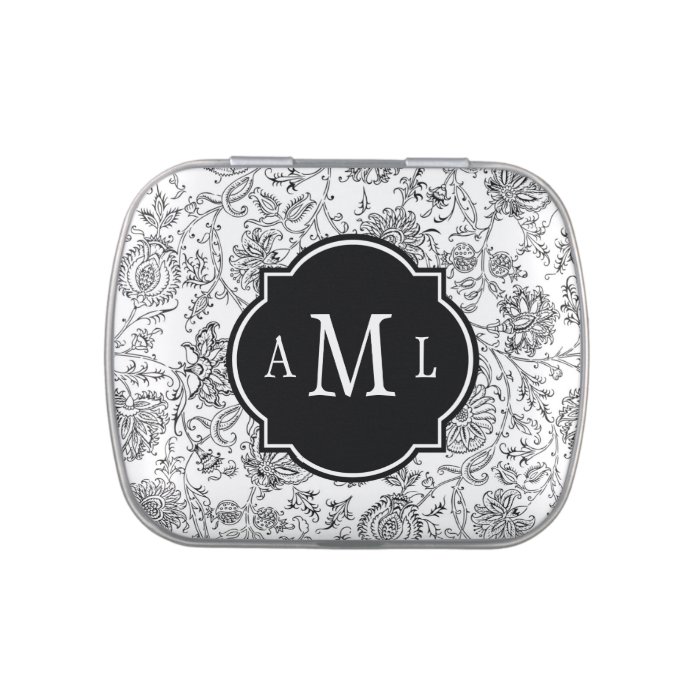 Black & White Flower Pattern Monogram Jelly Belly Tins