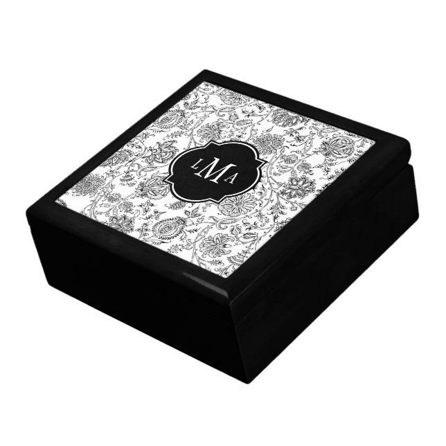 Black & White Flower Pattern Monogram Keepsake Box (Side)