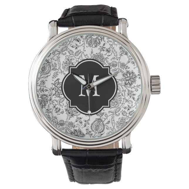 Black & White Flower Pattern Monogram Watch (Front)