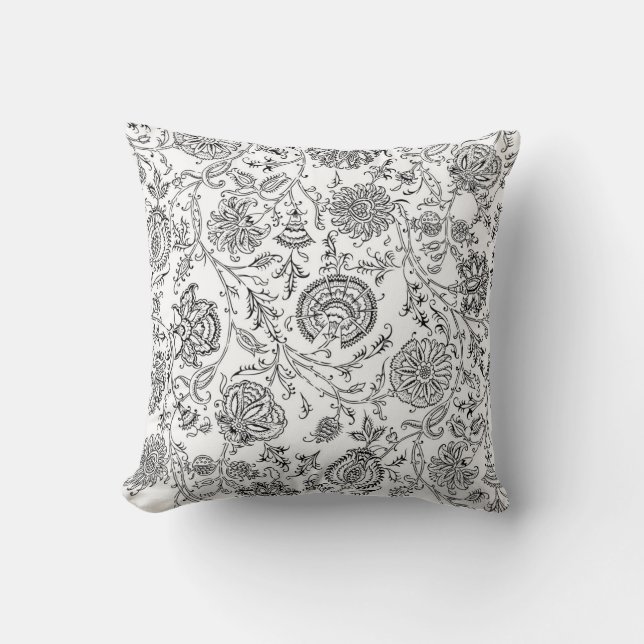 Black & White Flower Pattern Throw Pillow (Front)