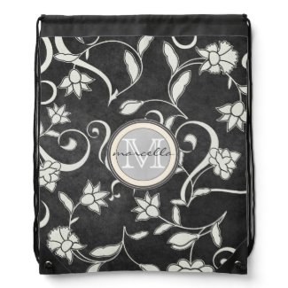 Black White Flower Swirls Monogram Cinch Bag