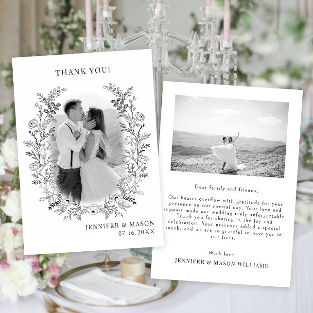 Black white flower wreath boho chic Wedding Photo Thank You Card (Creator Uploaded)