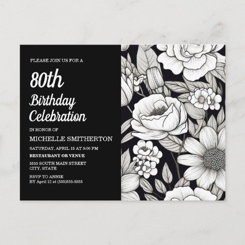 Black White Flowers 80th Birthday Invitation Postcard