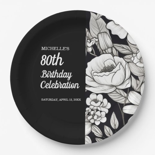 Black White Flowers 80th Birthday Paper Plates