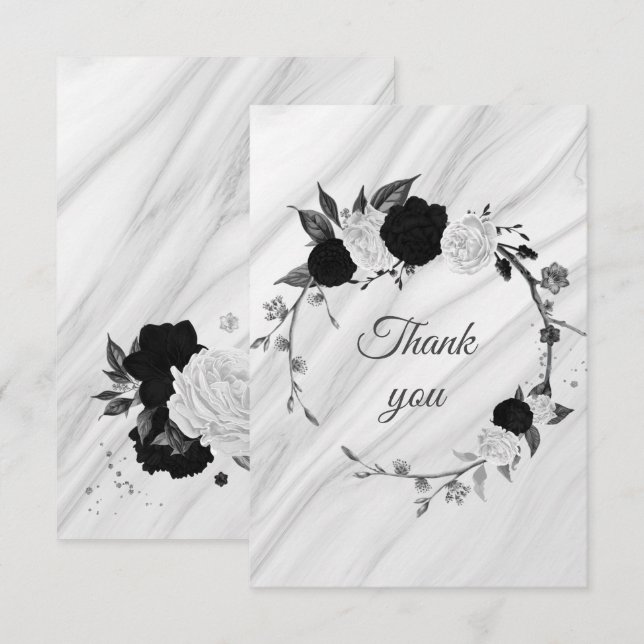 black & white flowers botanical marble thank you card (Front/Back)
