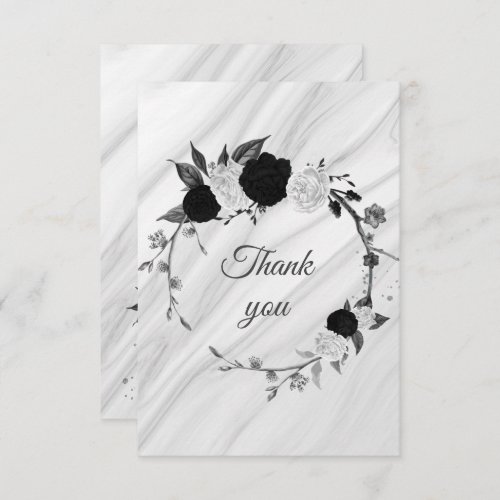 black  white flowers botanical marble thank you card