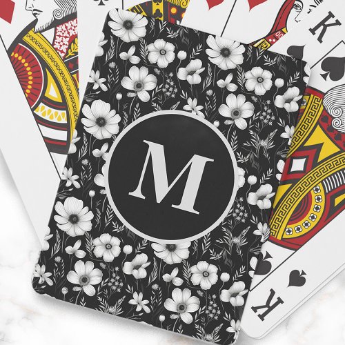 Black White Flowers Floral Monogram Initial Poker Cards