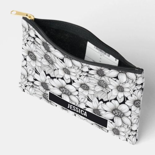 Black White Flowers Floral Monogram Name Accessory Pouch
