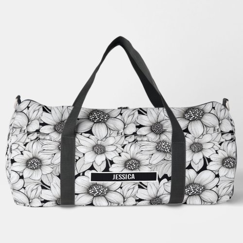 Black White Flowers Floral Monogram Name Duffle Bag