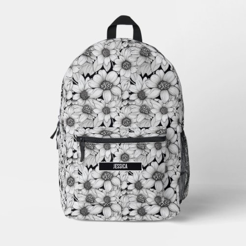 Black White Flowers Floral Monogram Name Printed Backpack