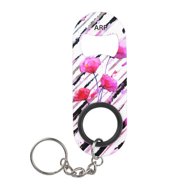 *~* Black White Flowers Floral Poppy Pattern Keychain Bottle Opener (Front)