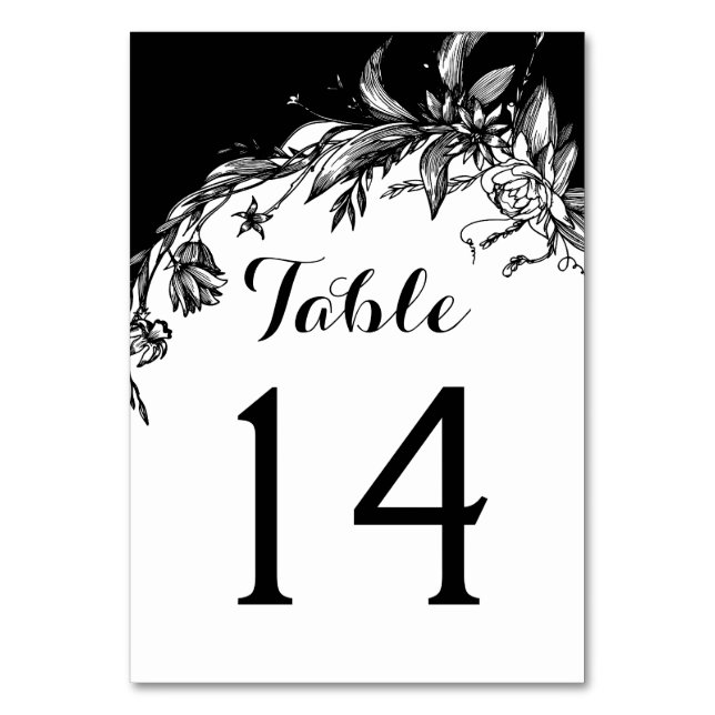 Black white flowers folded wedding table number (Front)