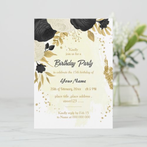 black  white flowers gold birthday party invitation