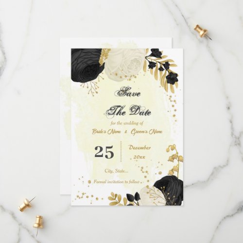 black  white flowers gold botanical  save the date