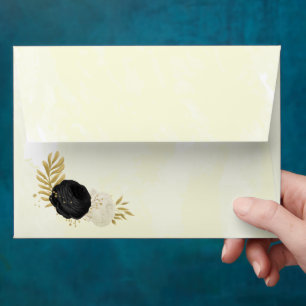 black & white flowers gold botanical wedding envelope