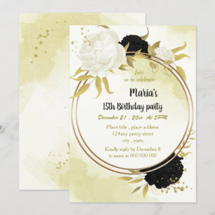 black white flowers gold leaves birthday invitation