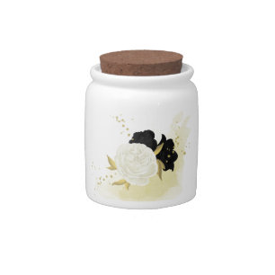 black white flowers gold leaves  candy jar