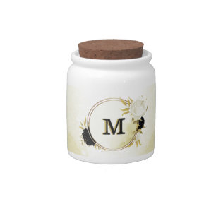black white flowers gold leaves candy jar