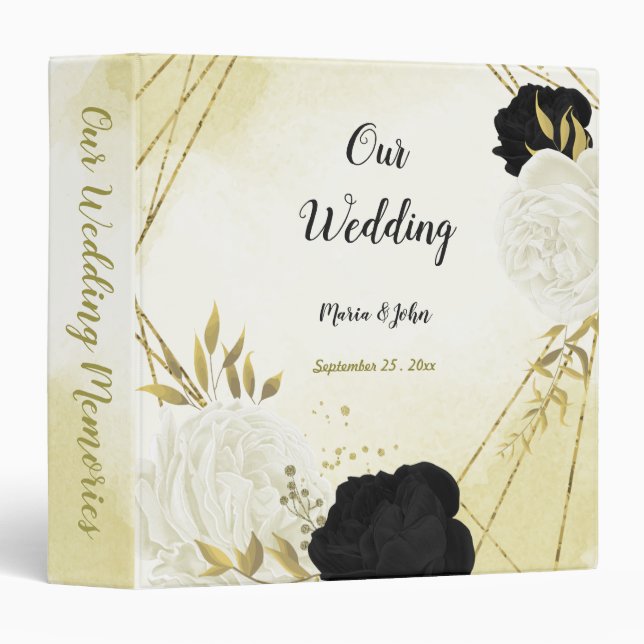 black white flowers gold leaves photo album 3 ring binder (Front/Spine)