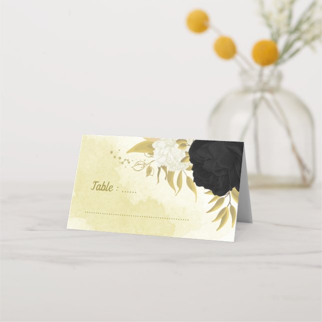 black white flowers gold leaves place card (Front)