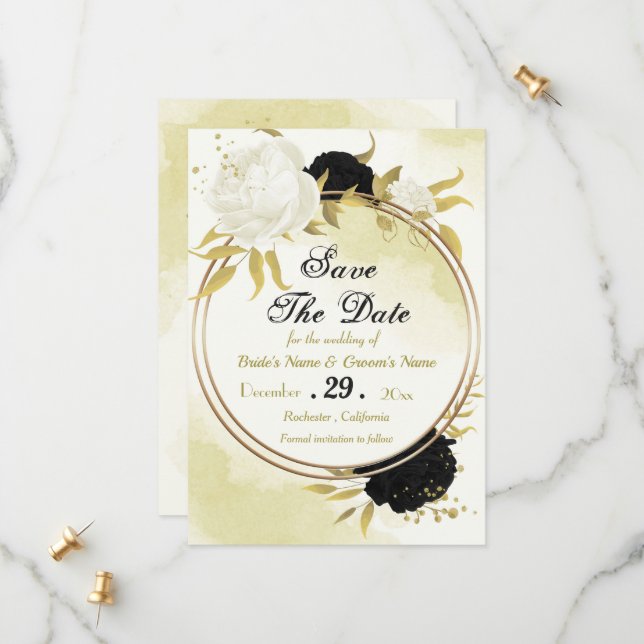 black white flowers gold leaves save the date (Front/Back In Situ)