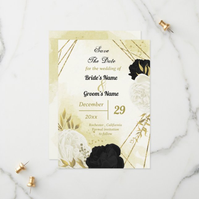 black white flowers gold leaves save the date (Front/Back In Situ)