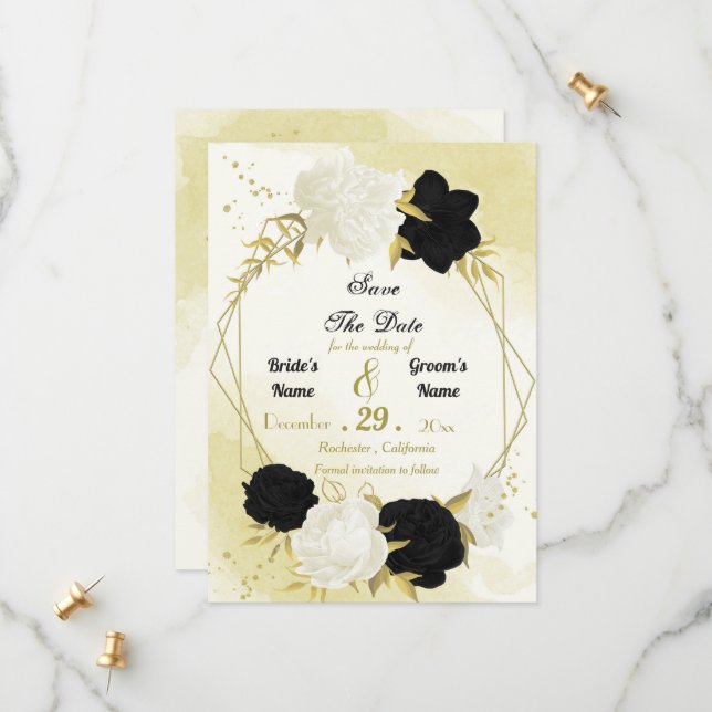 black white flowers gold leaves save the date (Front/Back In Situ)