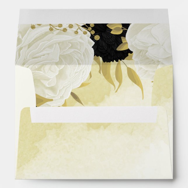 black white flowers gold leaves wedding envelope (Back (Bottom))