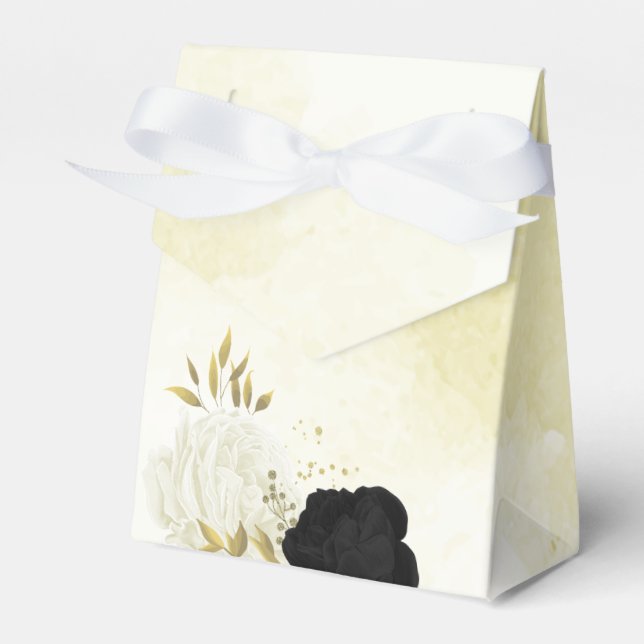 black white flowers gold leaves wedding favor boxes (Front Side)