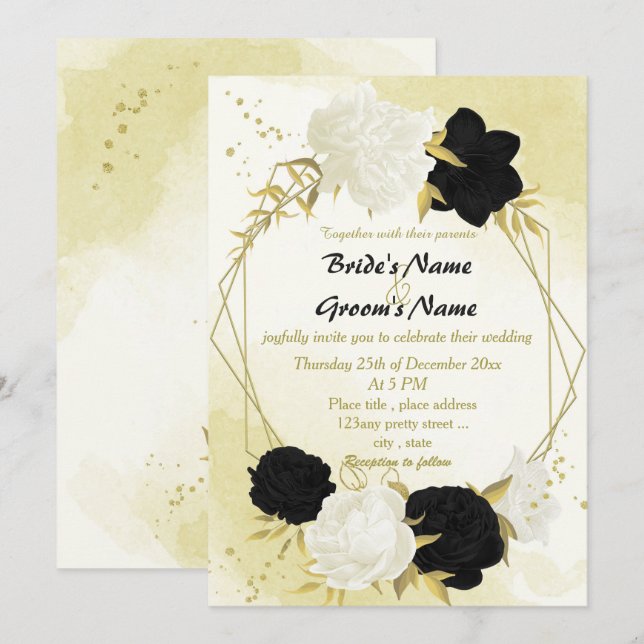 black white flowers gold leaves wedding invitation (Front/Back)