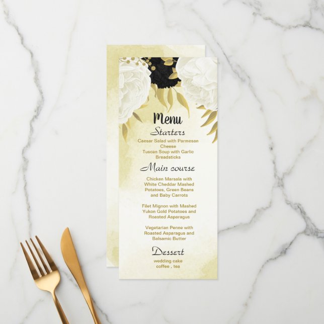 black white flowers gold leaves wedding menu (Front/Back In Situ)