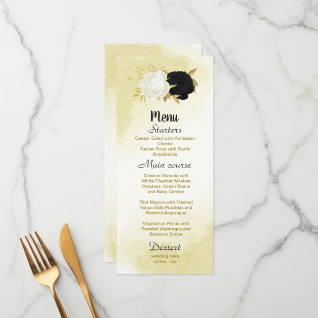 black white flowers gold leaves wedding menu (Front/Back In Situ)