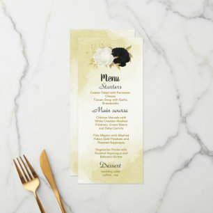 black white flowers gold leaves wedding menu