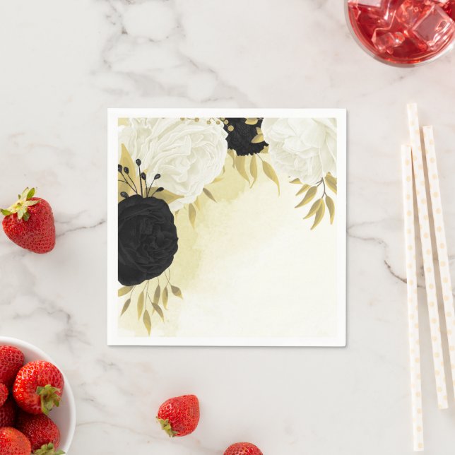 black white flowers gold leaves wedding napkins (Insitu)