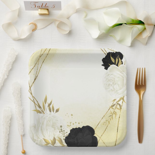 black white flowers gold leaves wedding paper plates (Wedding)