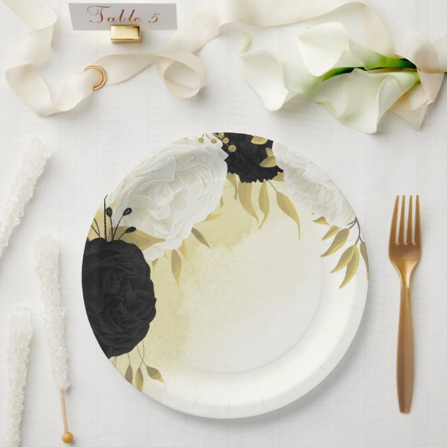 black white flowers gold leaves wedding paper plates (Wedding)
