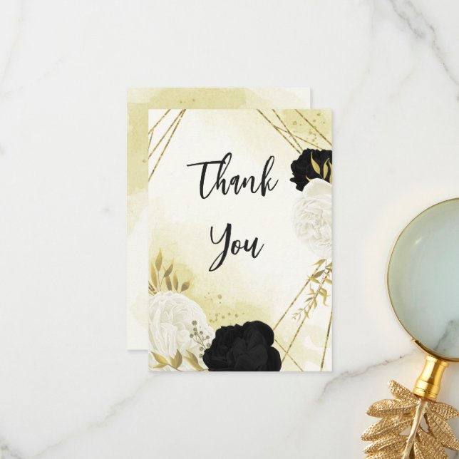 black white flowers gold leaves wedding thank you card (Front/Back In Situ)