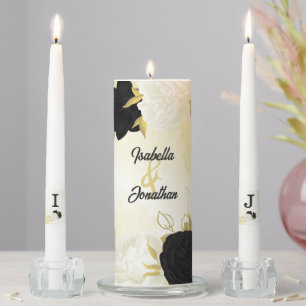 black white flowers gold leaves wedding unity candle set