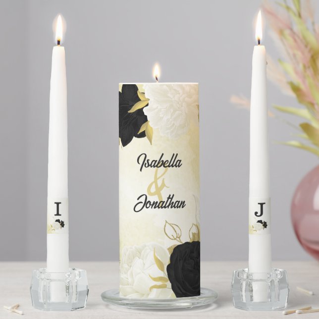 black white flowers gold leaves wedding unity candle set (In Situ)