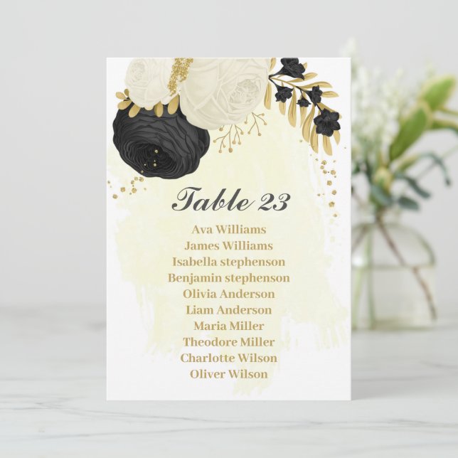 black & white flowers gold seating chart card (Standing Front)