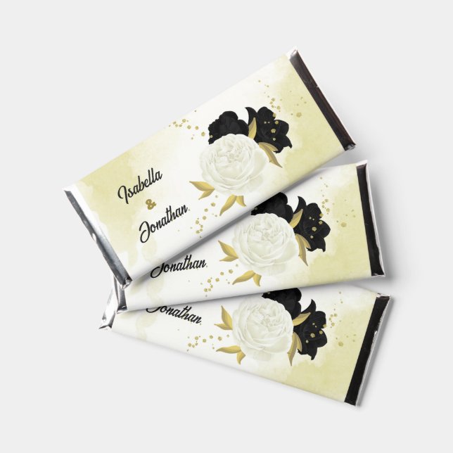 black white flowers gold wedding hershey bar favors (Front)