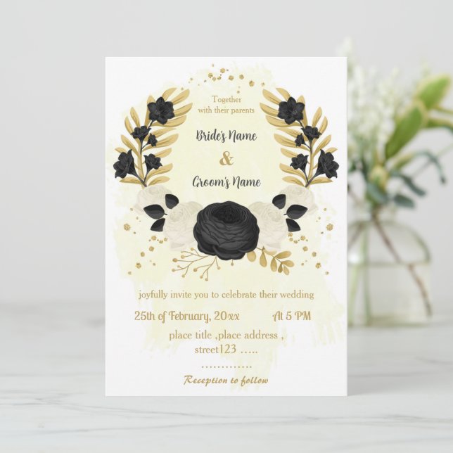 black & white flowers gold wedding invitation (Standing Front)