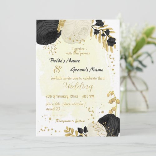 black  white flowers gold wedding invitation
