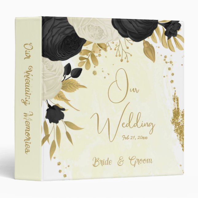 black & white flowers gold wedding photo album 3 ring binder (Front/Spine)