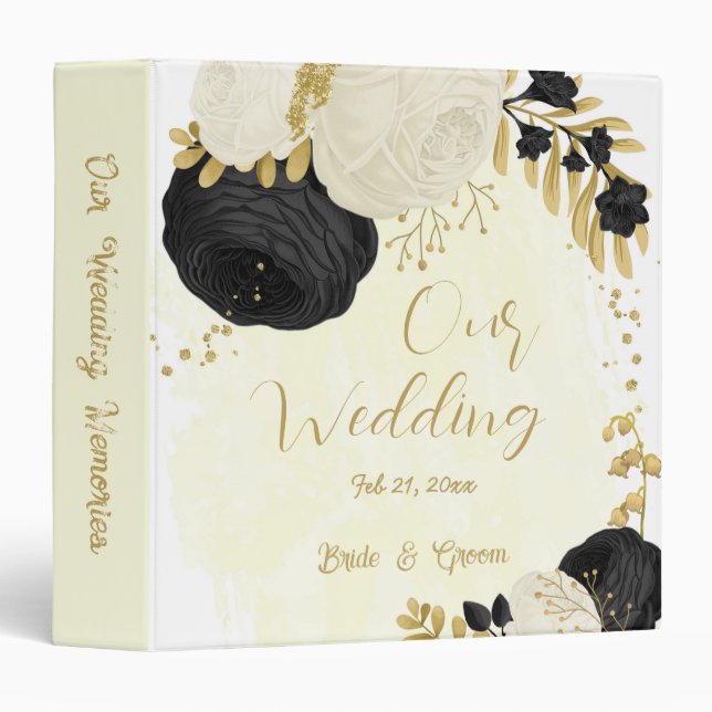 black & white flowers gold wedding photo album 3 ring binder (Front/Spine)
