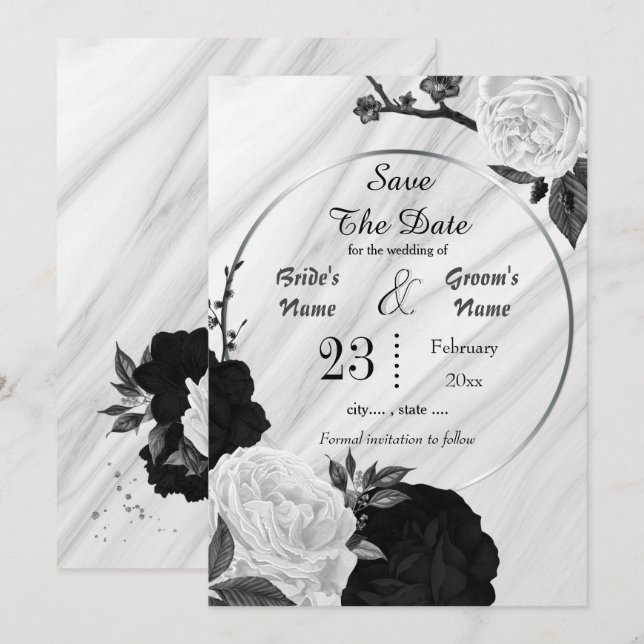 black white flowers gray leaves geometric marble  save the date (Front/Back)