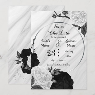 black white flowers gray leaves geometric marble  save the date