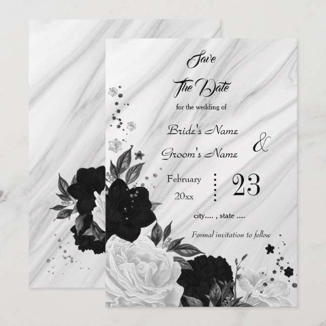 black white flowers gray leaves marble save the date (Front/Back)